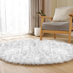 ORINOVA Grey and White Plush Machine Washable Area Rugs for Bedroom Small Circle Furry Faux Sheepskin Fur Rug for Living Room Nursery Round Rug 3ft