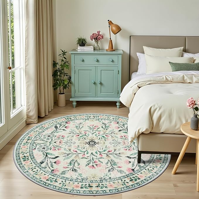 PLHXFR Round Area Rug Living Room: 6 ft Floral Washable Carpet Green Beige