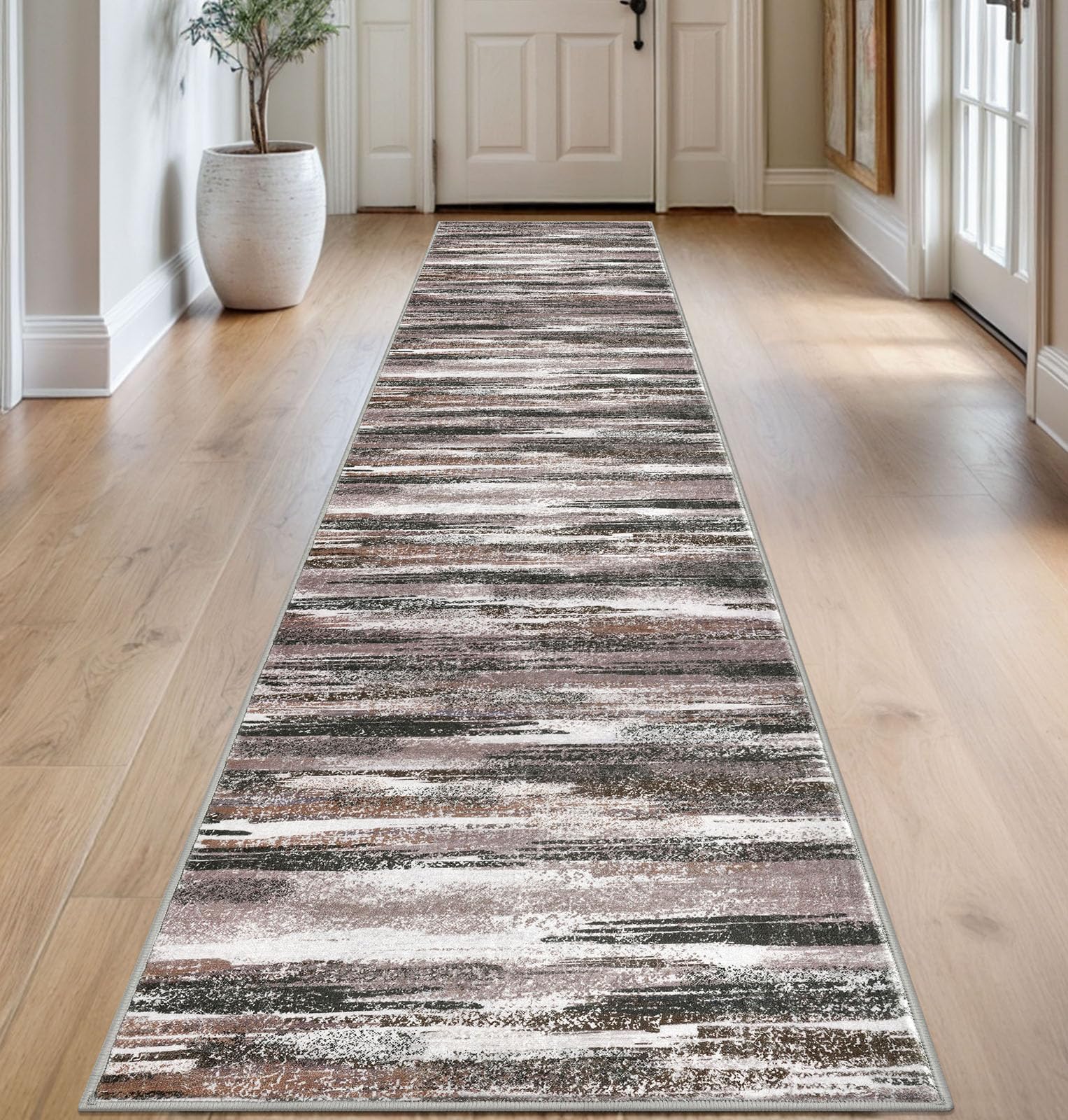 Lansny Modern Abstract Runner Rug 2.6x14, Dark Light Brown White Washable Long Kitchen Runner Non-Slip Soft Hallway Rug Runner Thin Print Faux Wool Carpet for Entryway Bedroom Laundry Room Indoor
