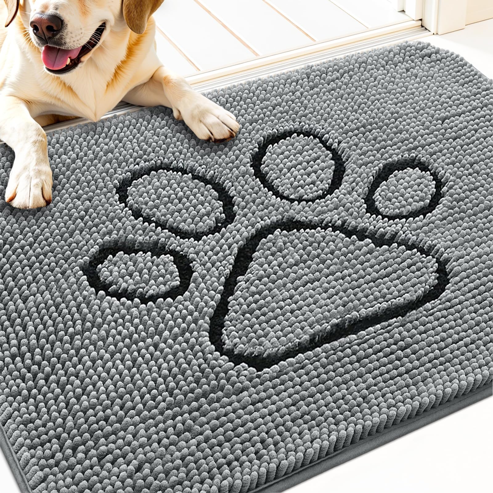 OLANLY Dog Door Mat for Muddy Paws 34x21, Paw Print Design Chenille Mud Mat