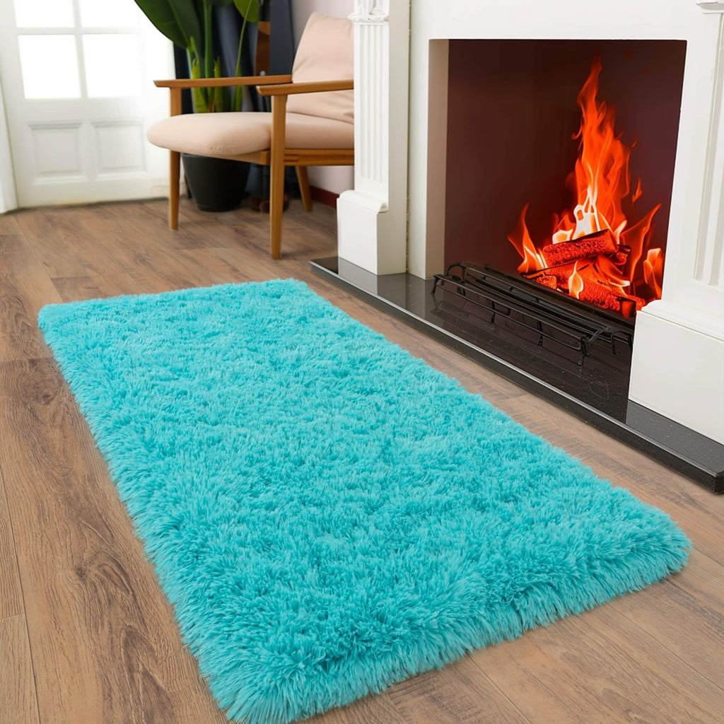 Ailyei Soft Runner Rugs for Bedroom Hallways, 2x4 Teal Blue Fluffy Shag Throw Area Rug Non Slip for Bedside Dorm, Long Shaggy Furry Carpet for Nursery Living Room