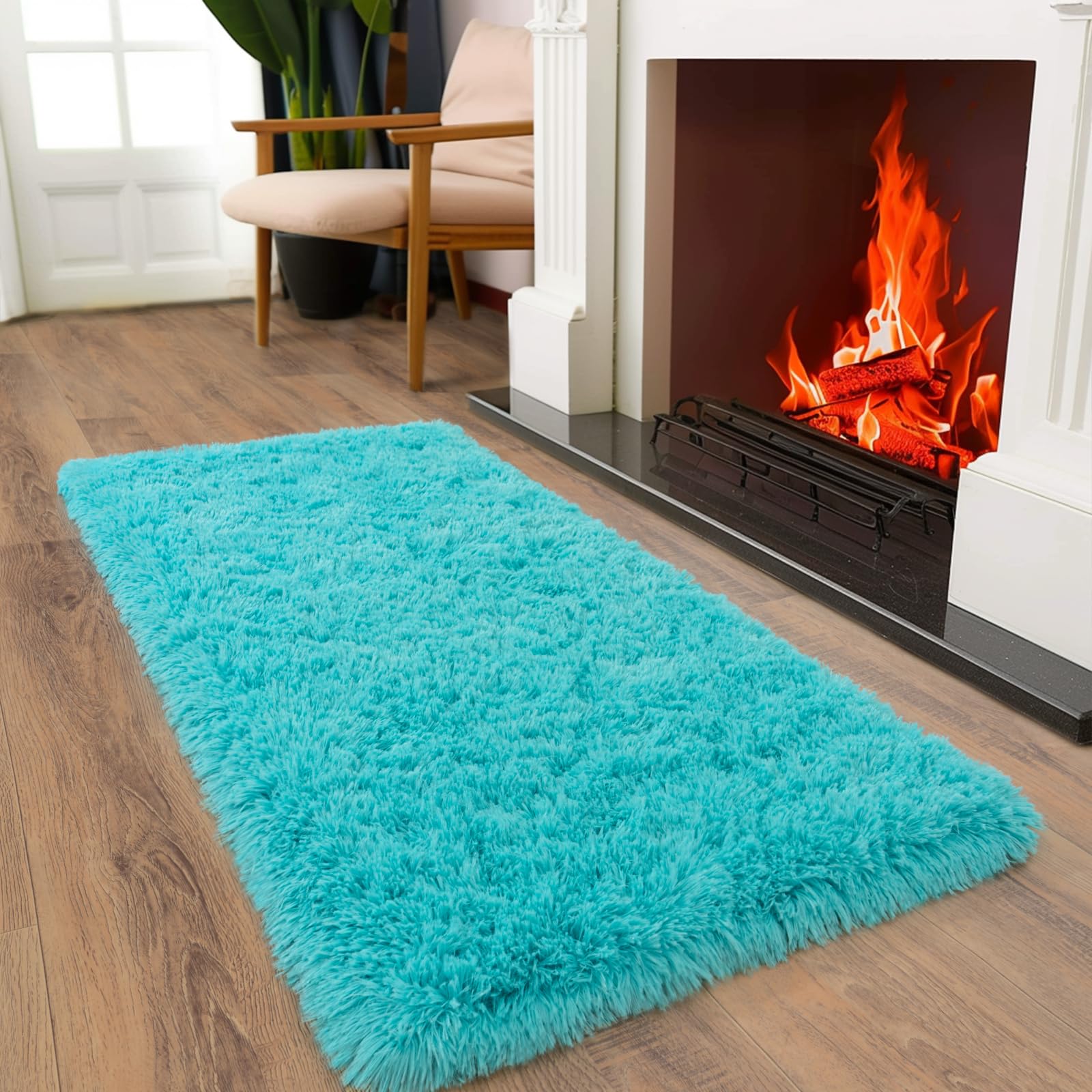 Ailyei Soft Runner Rugs for Bedroom Hallways, 2x4 Teal Blue Fluffy Shag Throw Area Rug Non Slip for Bedside Dorm, Long Shaggy Furry Carpet for Nursery Living Room
