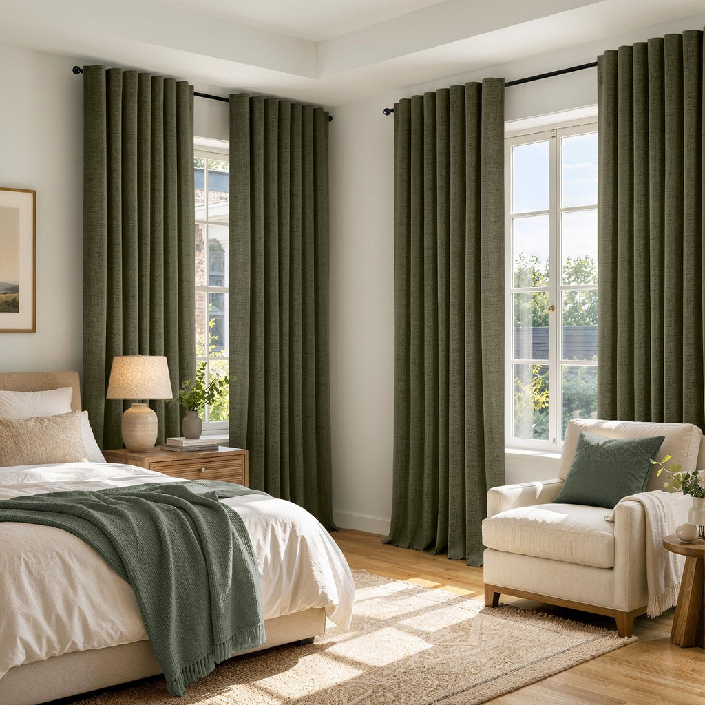 MIULEE 100% Blackout Linen Curtains 42 x 84 Inch Light Olive Green 2 Panels