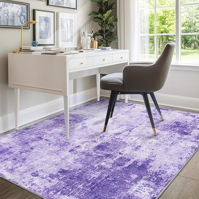 Washable Area Rugs 5'x8' Non-Slip Modern Abstract Soft for Living Room Entryway Bedroom Nursery, Print Pattern, Purple Gray Pink White