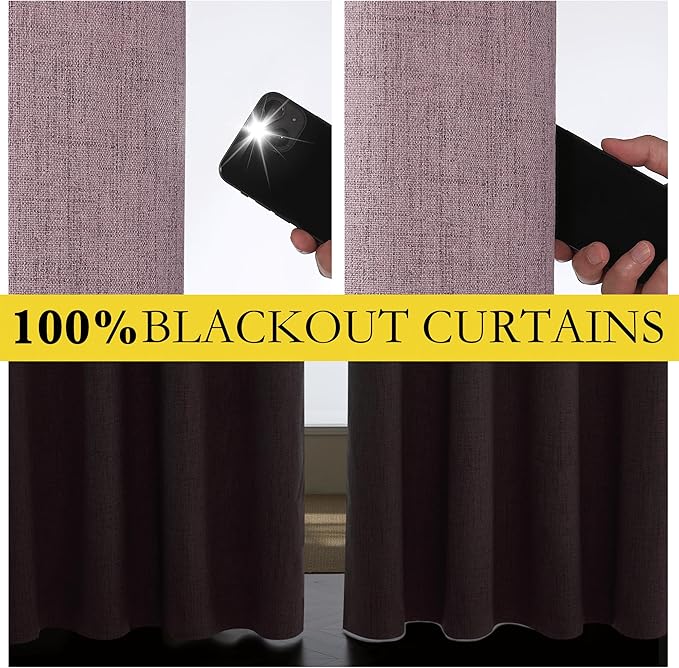 NICETOWN Chaise Mauve Vintage Linen 100% Blackout Curtains for Living Room, Thermal Insulated Curtains 102" Long, Noise Reducing Window Treatment Drapes for Hall Room, 52" Wide Per Panel, Set of 2
