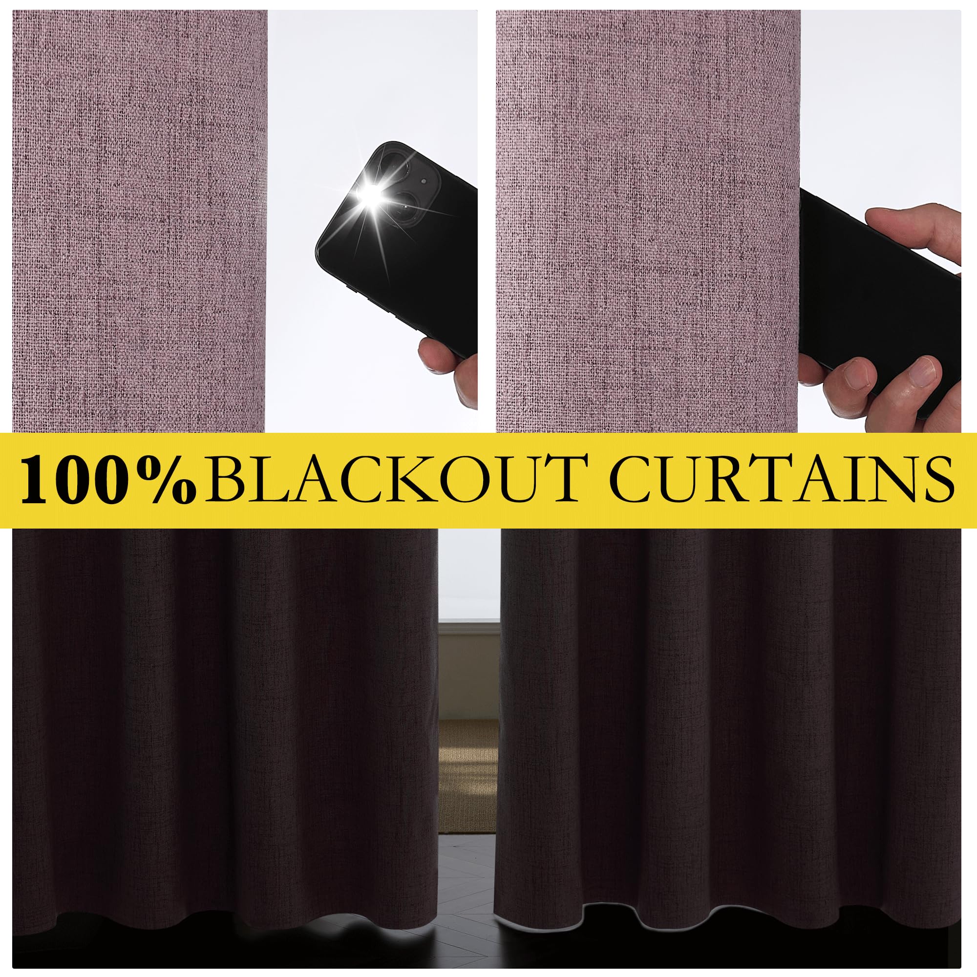 NICETOWN Chaise Mauve Vintage Linen 100% Blackout Curtains for Living Room, Thermal Insulated Curtains 102“ Long, Noise Reducing Window Treatment Drapes for Home Office, 62" Wide Per Panel, Set of 2