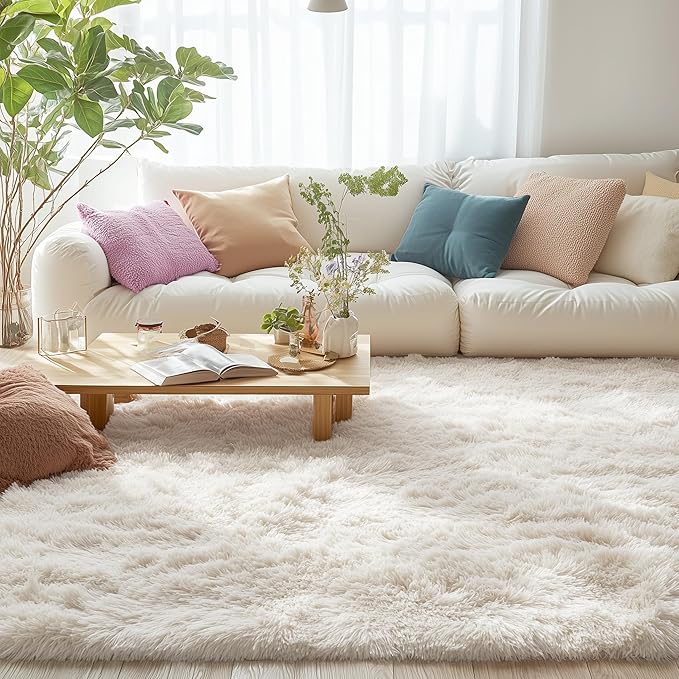 OLANLY 5x5 Area Rugs for Living Room Bedroom, Machine Washable Soft Fluffy Shaggy Bedside Rug, Indoor Floor Carpet for Kids Girls and Boys, Dorms, Nursery Rooms, Home Decor Aesthetic, Ivory