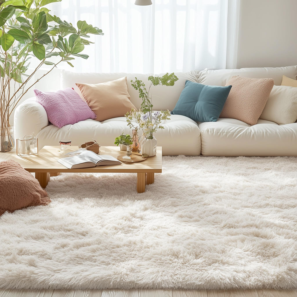 OLANLY Area Rugs for Living Room Bedroom, Machine Washable 4x5.9 ft Soft Fluffy Shaggy Bedside Rug, Indoor Floor Carpet for Kids Girls and Boys, Dorms, Nursery Rooms, Home Decor Aesthetic, Ivory