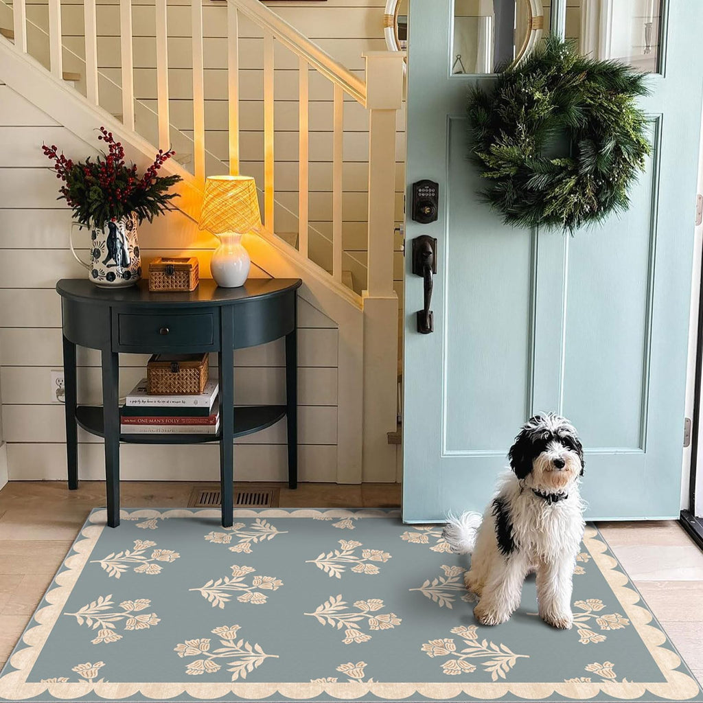 Othilic 3x5 Floral Entry Rug - Small Washable Indoor Outdoor Mats for Front Door Non-Slip Porch Rug Blue Boho Farmhouse Scalloped Throw Rugs for Living Room Bedroom Entryway Kitchen Office Porch Decor