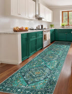 SERISSA Runner Rug for Hallways, 2'6"x12' Washable Non Slip Kitchen Runner Rug, Extra Long Boho Rug Ultra Soft Vintage Teal Print Floor Carpet for Bedroom Hallway Entryway Bathroom Laundry Room