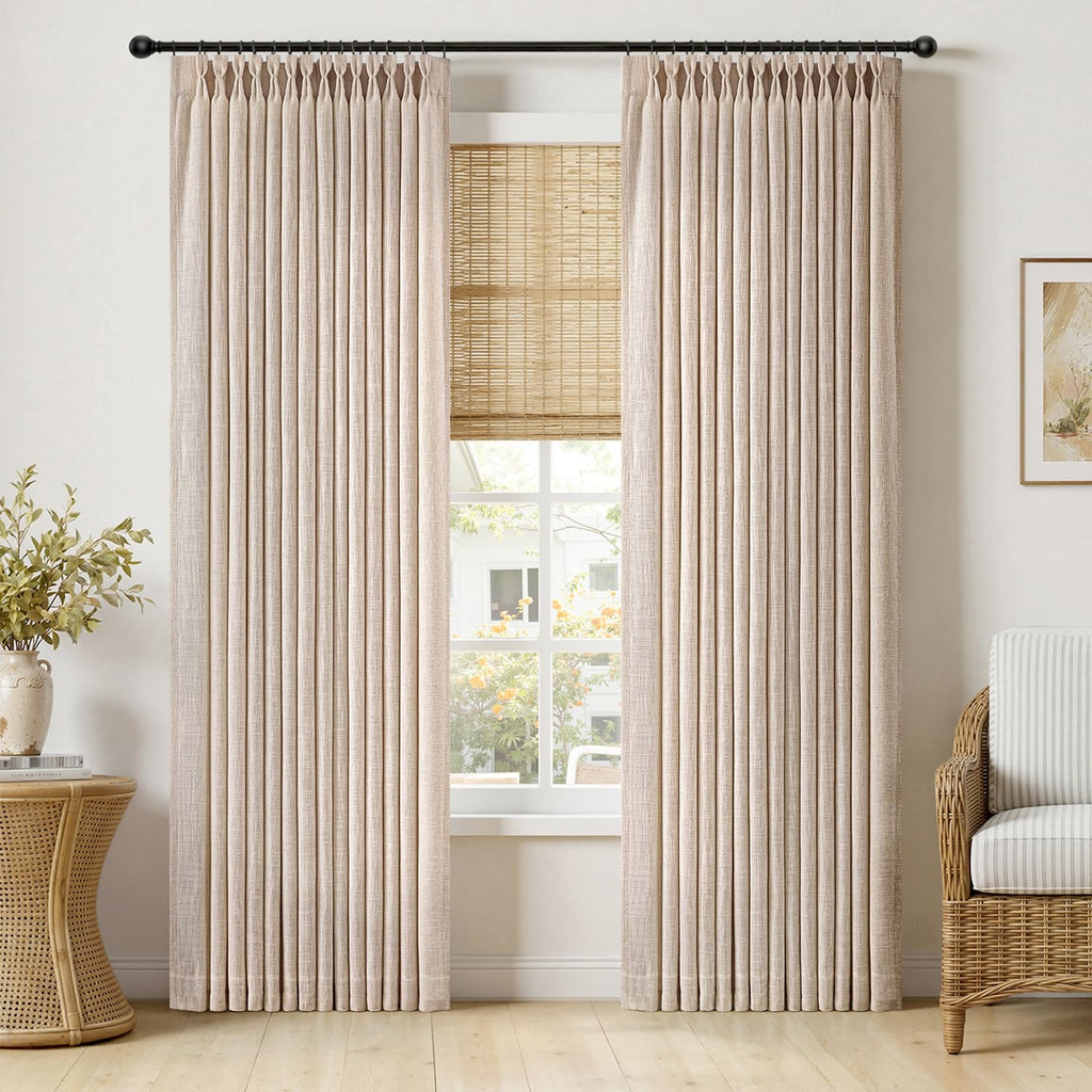 MIULEE Pinch Pleated Linen Curtains 90 Inches Long Sand Beige with Hooks
