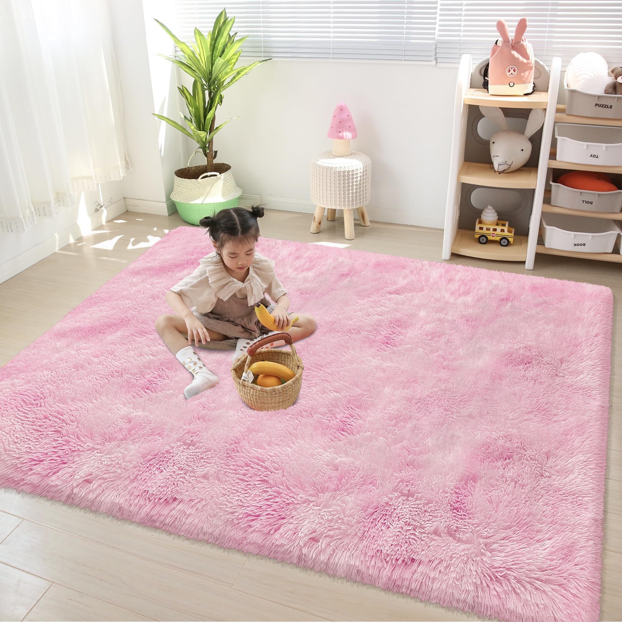 JiaoBaba Tie-Dye Pink Fluffy Rug for Bedroom 4x6ft Soft Shag Area Rug Mat Bedside Throw Rug for Living Room Kids Room Boys Teens Nursery Baby Dorm Office Home Decor Aesthetic Carpets