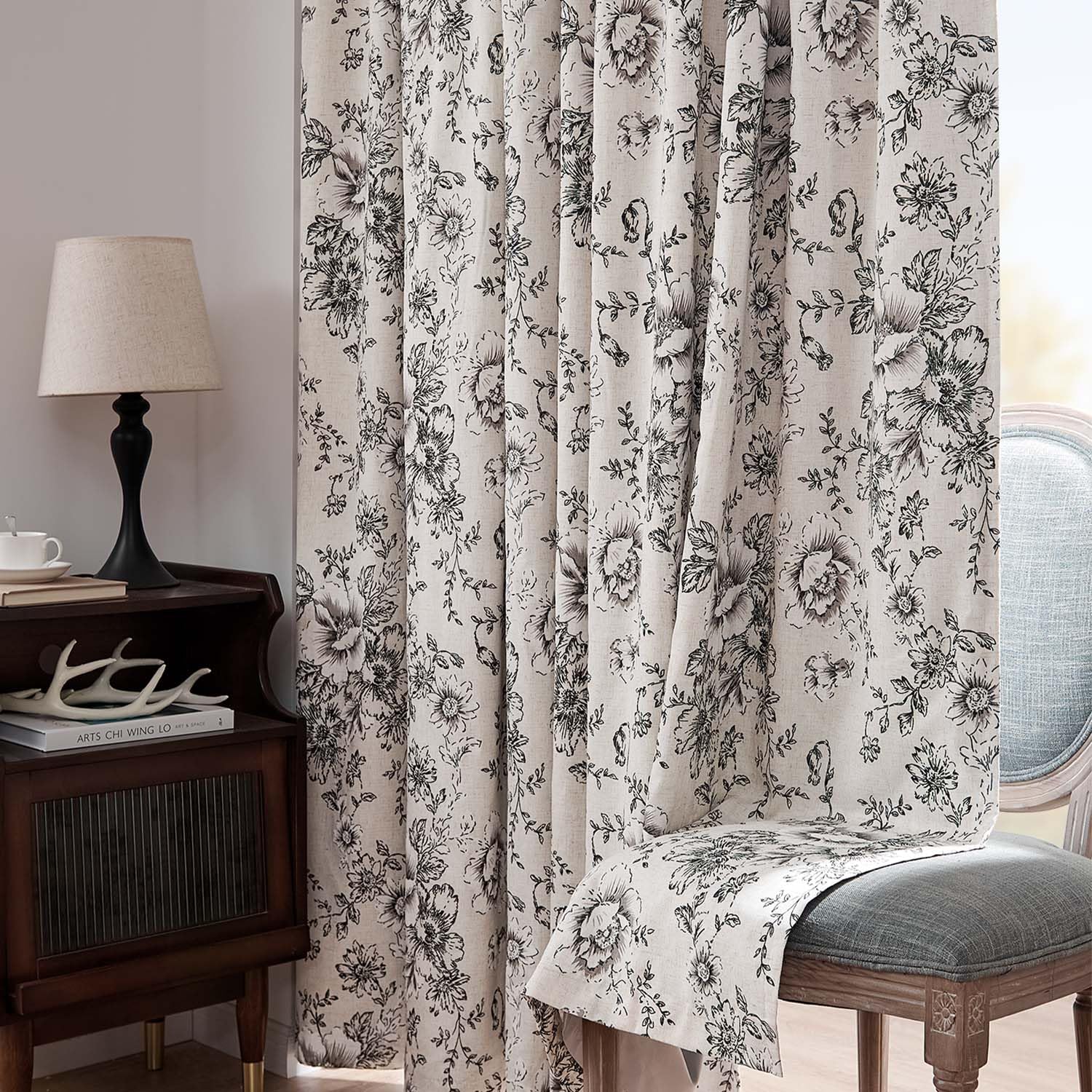 jinchan Black Floral Linen Blackout Curtains 72 Inch Back Tab 2 Panels