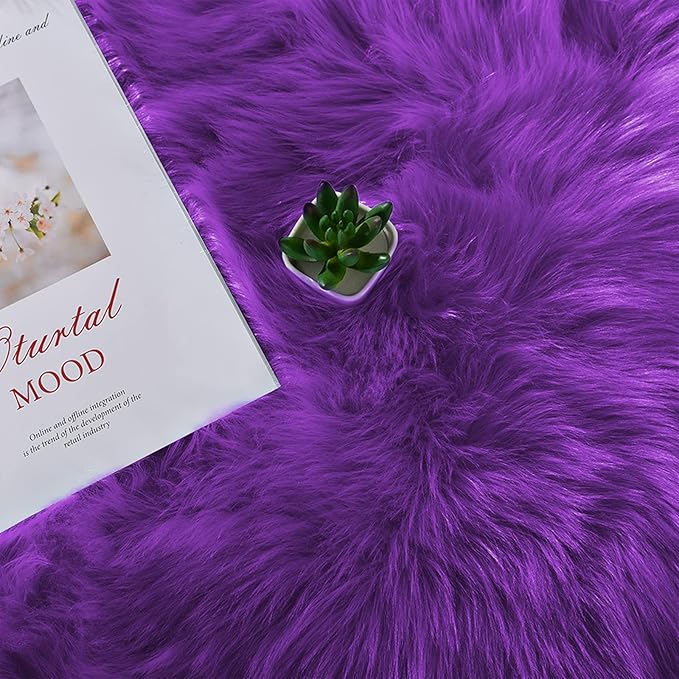 Latepis Purple Round Rugs 4ft Faux Fur Fluffy Shag Rug Machine Washable Sheepskin Rugs Shaggy Plush Soft Cute Carpet for Living Room Bedroom