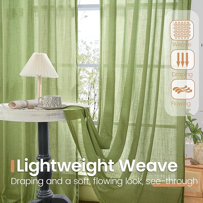 BGment Short Olive Green Curtains 36 Inch Length for Kitchen Cafe Window - Small Linen Drapes Rod Pocket Semi Sheer Textured for Bedroom Country Lightweight Natural Rustic, 2 Panels Set, 30 X 36 Inch