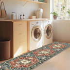 Yamaziot Washable Runner Rug, 2x8 Non-Slip Boho Vintage Hallway Rug Runner with Rubber Backing, Stain Resistant & Low Pile Faux Wool Distressed Carpet Runner for Kitchen, Laundry, Entrance, Brick Red