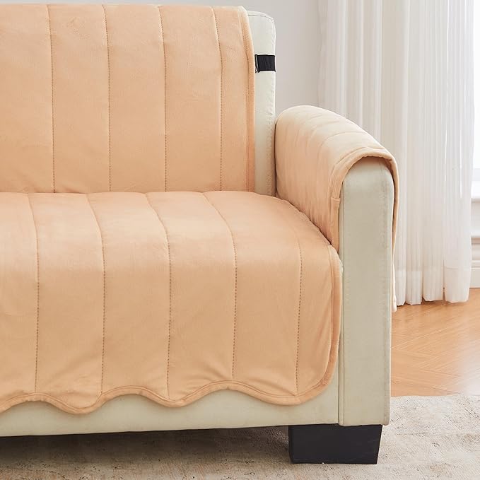 Great Bay Home Velvet Recliner Cover - Washable Slipcover Furniture Protector with Elastic Straps - Furniture Cover for Dogs, Kids, and Pets - Stitched Detail (Peach)