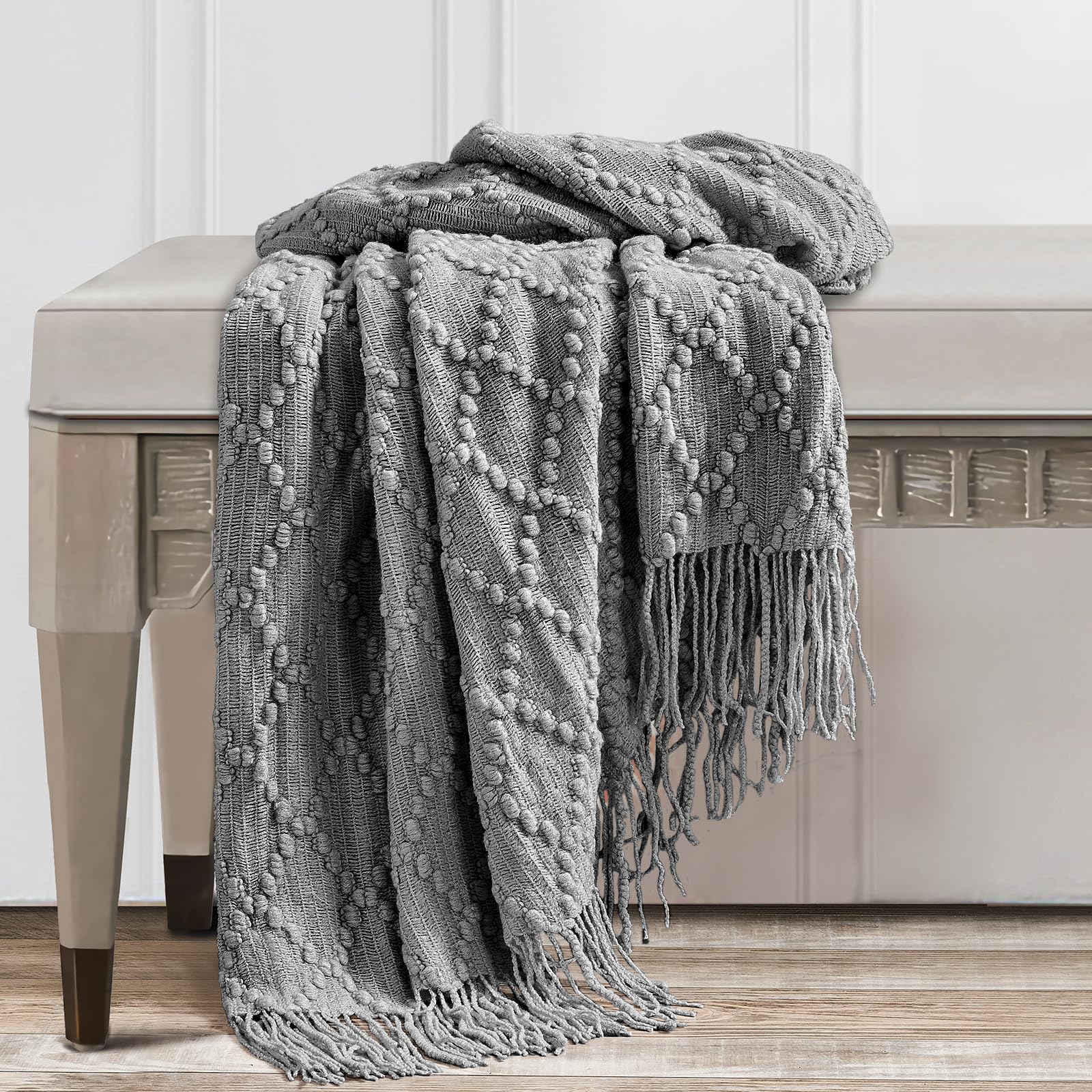 BOURINA Light Grey Throw Blanket 50 x70 Inch Jacquard Throw Knitted Blanket