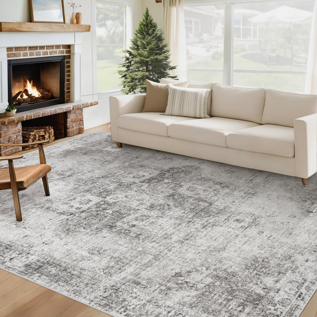 VECARF Area Rug 6x9 Washable Rug, Vintage Boho Medallion Rugs Non-Slip Soft Low Pile Large Distressed Rug Indoor Retro Carpet for Living Room Bedroom Dining Room Home Office (Grey, 6'x9')