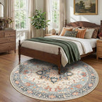 8ft Round Rug, Area Rugs 8ft, Washable Rug, Non-Slip, Rugs for Living Room for Bedroom, Circle , Vintage Rugs Boho Floral Medallion, Low Pile, Soft, Beige Dark Blue Navy Red