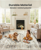 AMADA HOMEFURNISHING Washable Area Rug, Low-Profile Large Area Rug with Non-Slip Backing & Durable Edge Binding, Vintage Large Rugs for Living Room, Bedroom, Dinning Room, 8x10, Grey/Beige