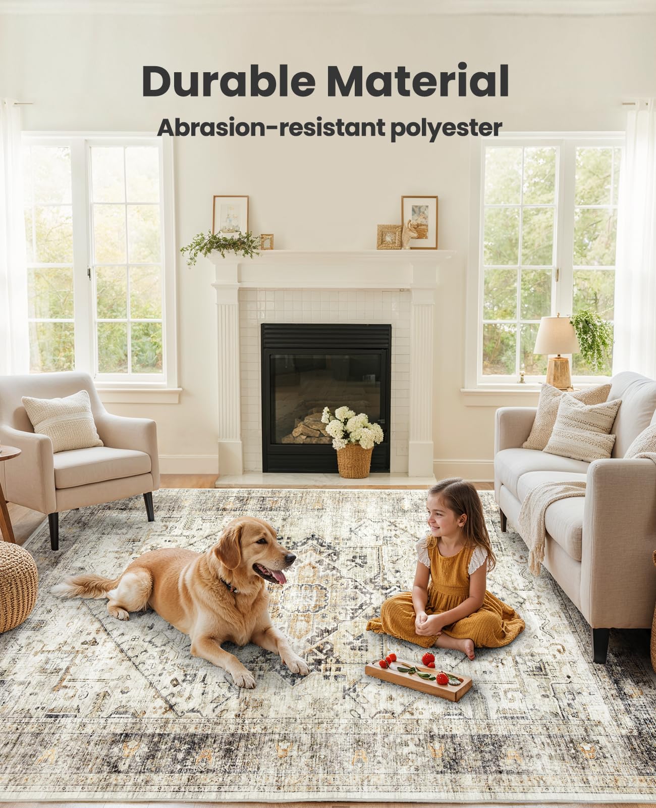 AMADA HOMEFURNISHING Washable Area Rug, Low-Profile Large Area Rug with Non-Slip Backing & Durable Edge Binding, Vintage Large Rugs for Living Room, Bedroom, Dinning Room, 8x10, Grey/Beige