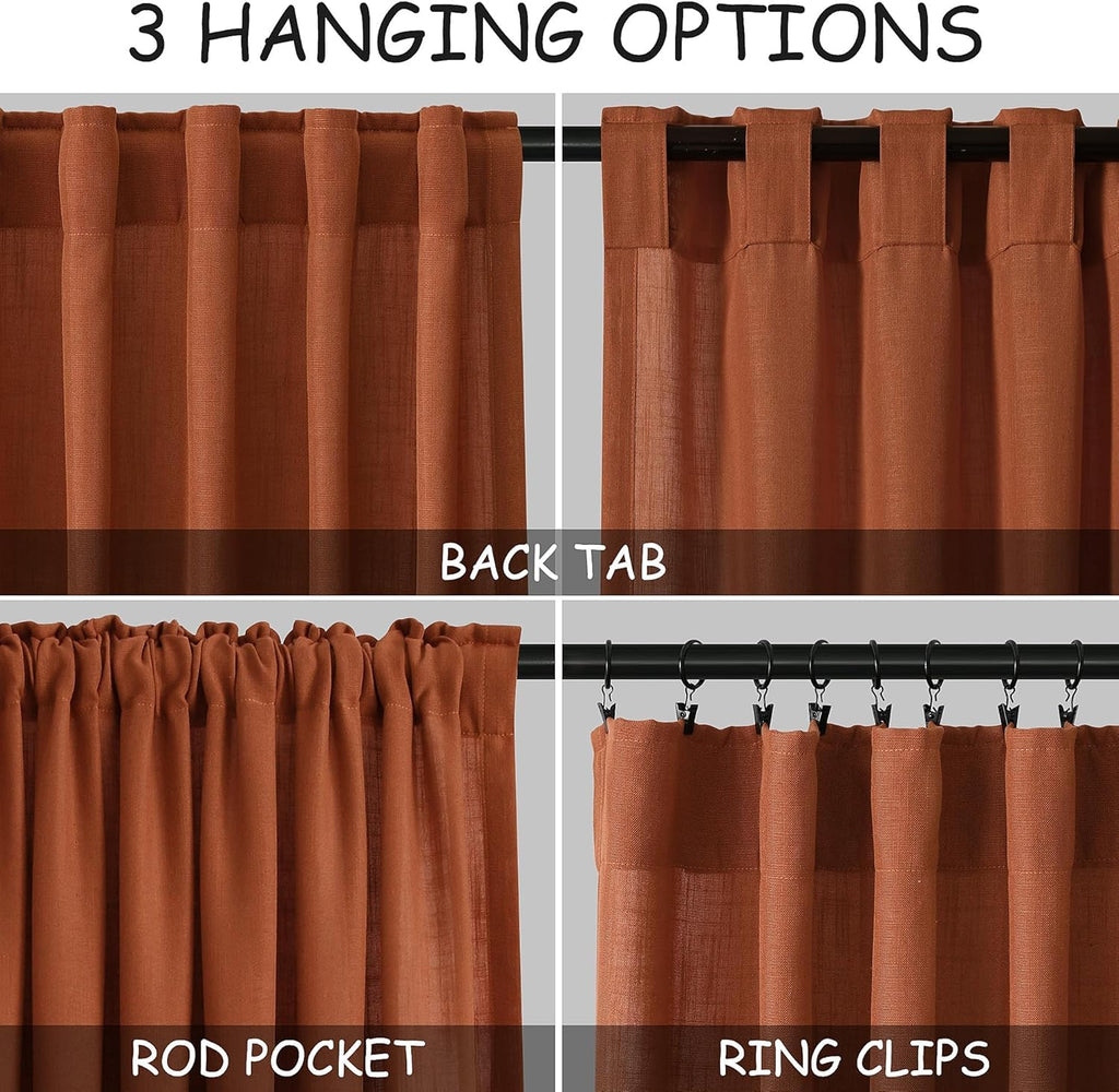 Nanspring Extra Wide Linen Curtains for Living Room 90 Inches Long Terracotta Light Filtering Semi Sheer Boho Farmhouse Curtain for Bedroom Office Luxury Back Tab and Rod Pocket 100x90, 2 Panels
