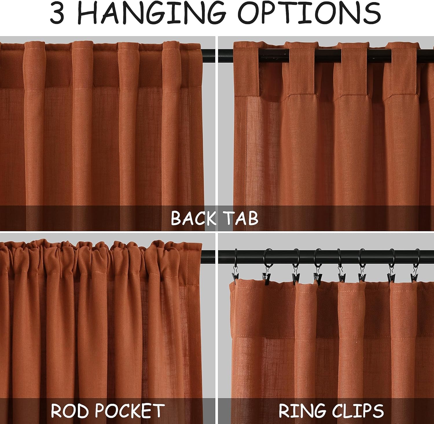 Nanspring Extra Wide Linen Curtains for Living Room 90 Inches Long Terracotta Light Filtering Semi Sheer Boho Farmhouse Curtain for Bedroom Office Luxury Back Tab and Rod Pocket 100x90, 2 Panels