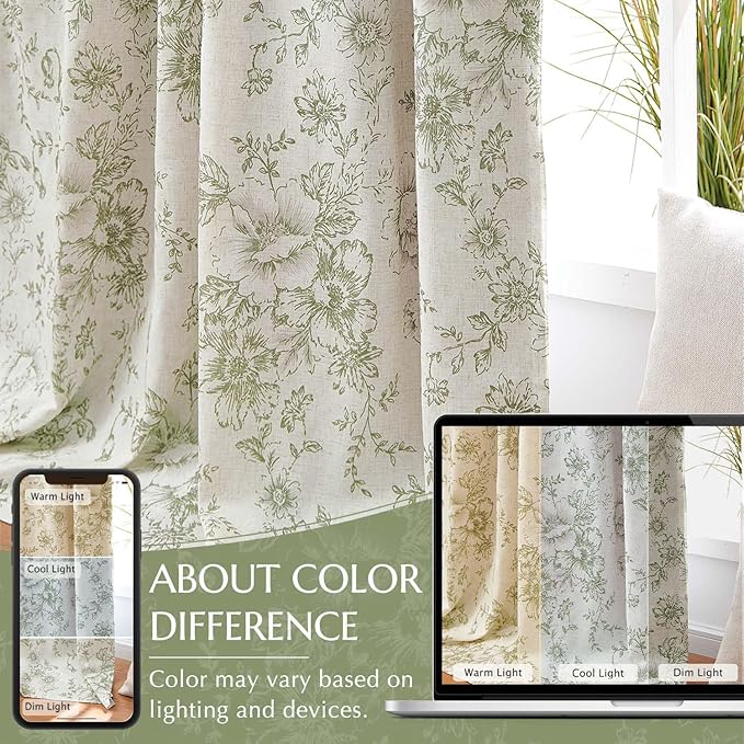 jinchan Blackout Floral Curtains for Living Room Bedroom Linen Blend Curtain Farmhouse Green Printed with Lined Back Tab Rod Pocket Drapes Window Treatments 2 Panels 84 Inch