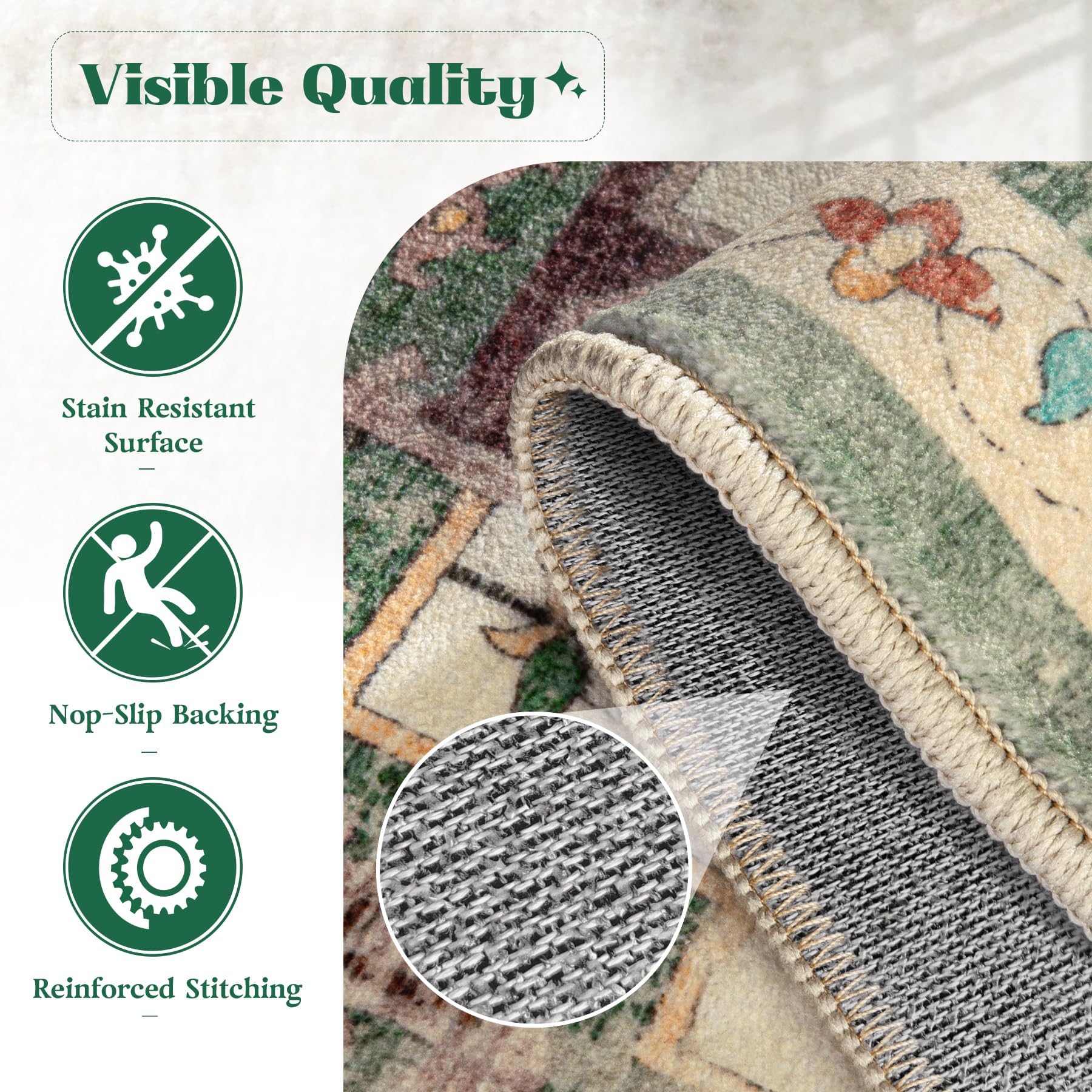 VECARF Area Rug 8x10 Washable Rug, Vintage Boho Medallion Rugs Non-Slip Soft Low Pile Large Distressed Rug Indoor Retro Carpet for Living Room Bedroom Dining Room Home Office (Green Beige, 8'x10')