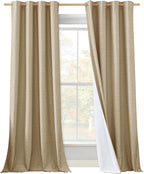 NICETOWN 100% Absolutely Blackout Linen Curtains with Thermal Insulated White Liner, Camel, W52 x L120, 2 Panels, Textured Linen Look Noise Reducing Window Treatments Drapes for Bedroom/Living Room