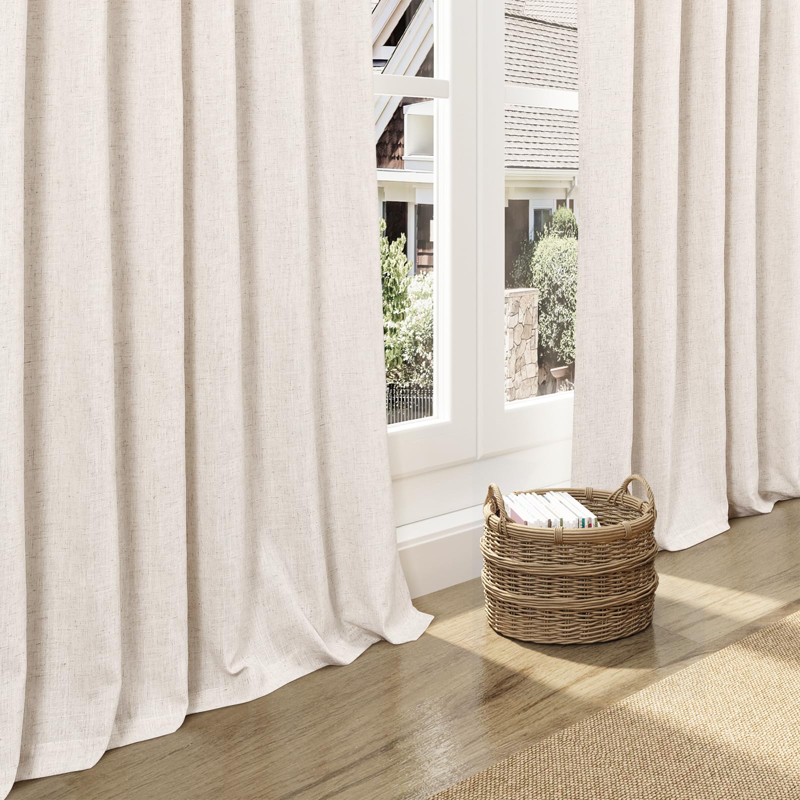 Beige Linen Curtain 96 inches Long for Living Room Back Tab Neutral Vintage Country Rustic Farmhouse Curtain Burlap Textured Canvas Cloth Look Linen Drapes 96 inch Length for Dinning Room Bedroom 8 FT
