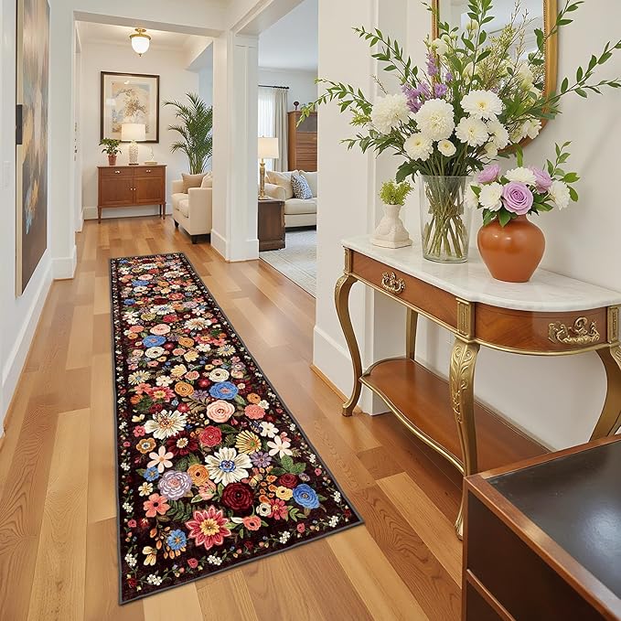 Babovid Black Brown Floral Hallway Runner Rug 2'6''x14' for Kitchen
