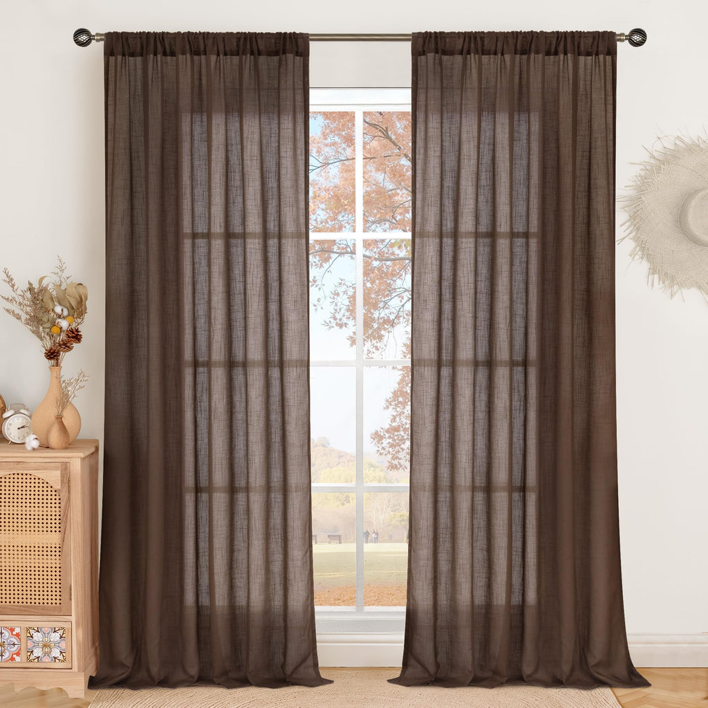 BGment 96 Inches Long Linen Curtains for Living Room Brown Sheer Drapes