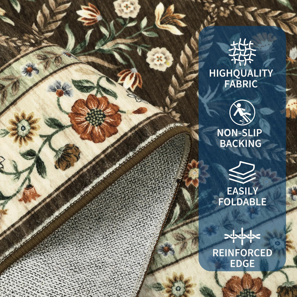 GarveeHome 6x9 Machine Washable Area Rugs for Living Room Floral Stain Resistant Soft Carpet Vintage Low Pile Non Slip Non-Shedding Floor Carpet Rugs for Bedroom Nursery Brown