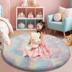 Rainbow Fluffy Round Area Rugs for Bedroom,5'X5'Shag Circle Small Area Rugs