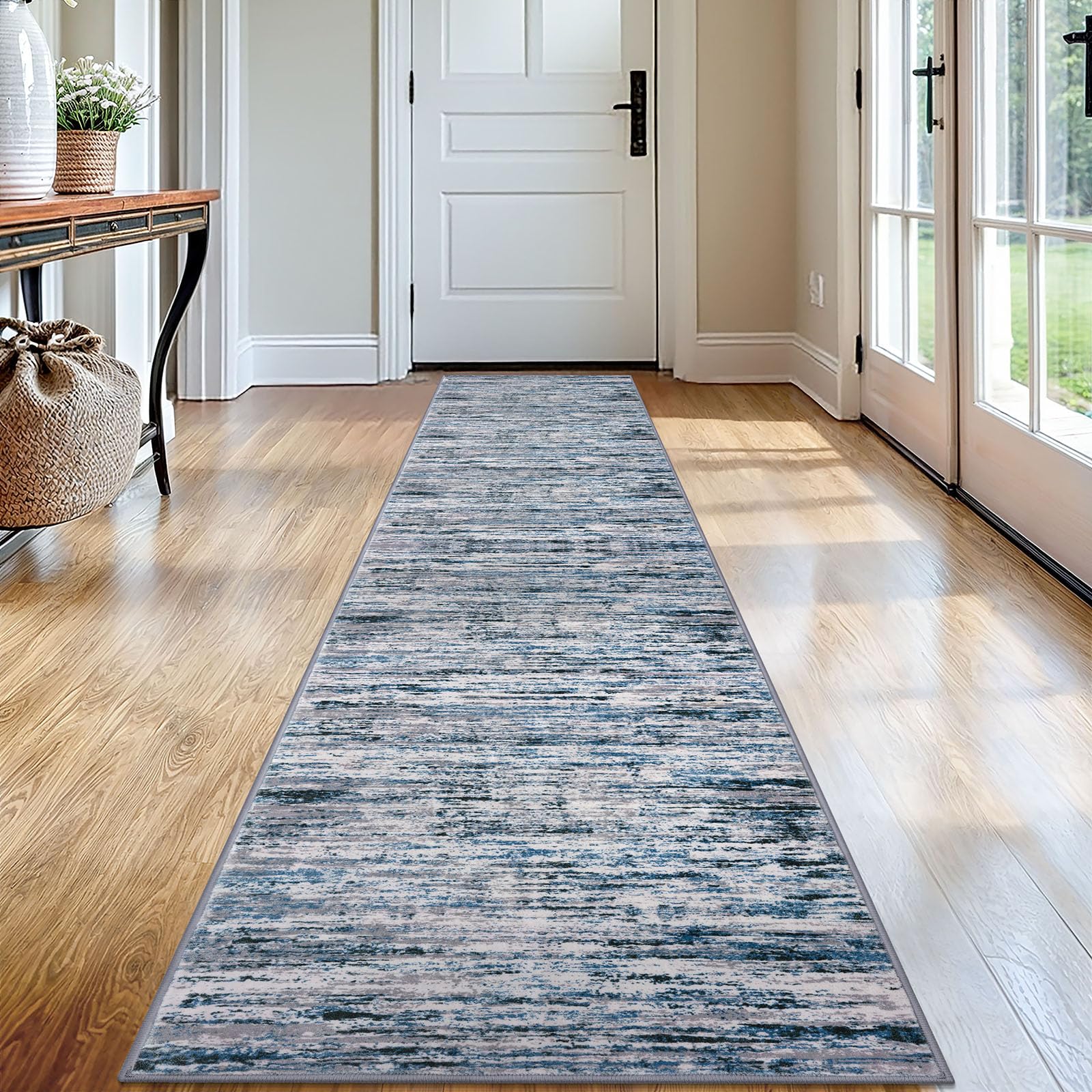 Lansny Modern Abstract Runner Rug 2x12, Grey Blue White Washable Long Kitchen Runner Non-Slip Soft Hallway Rug Runner Thin Print Faux Wool Carpet for Entryway Bedroom Laundry Room Indoor Home Decor