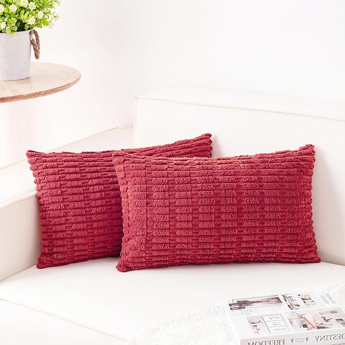 Pack of 2 Corduroy Decorative Throw Pillow Covers 12x24 Inch, Cranberry Red