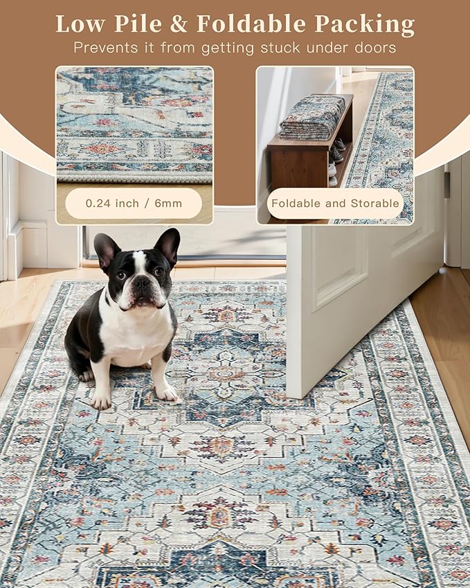 Madane 6x9 Area Rugs for Living Room, Stain Resistant Washable Rugs, Non-Slip Backing Area Rug, Vintage Home Decor Rug for Bedroom (Blue, 6'x9')