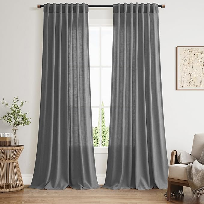 Nanspring Blazer Grey Curtain Linen Blend Light Filtering Back Tab Curtains 96 Inches Long, Semi Sheer Privacy Drapes for Living Room & Bedroom, 52x96 inch, 2 Panels