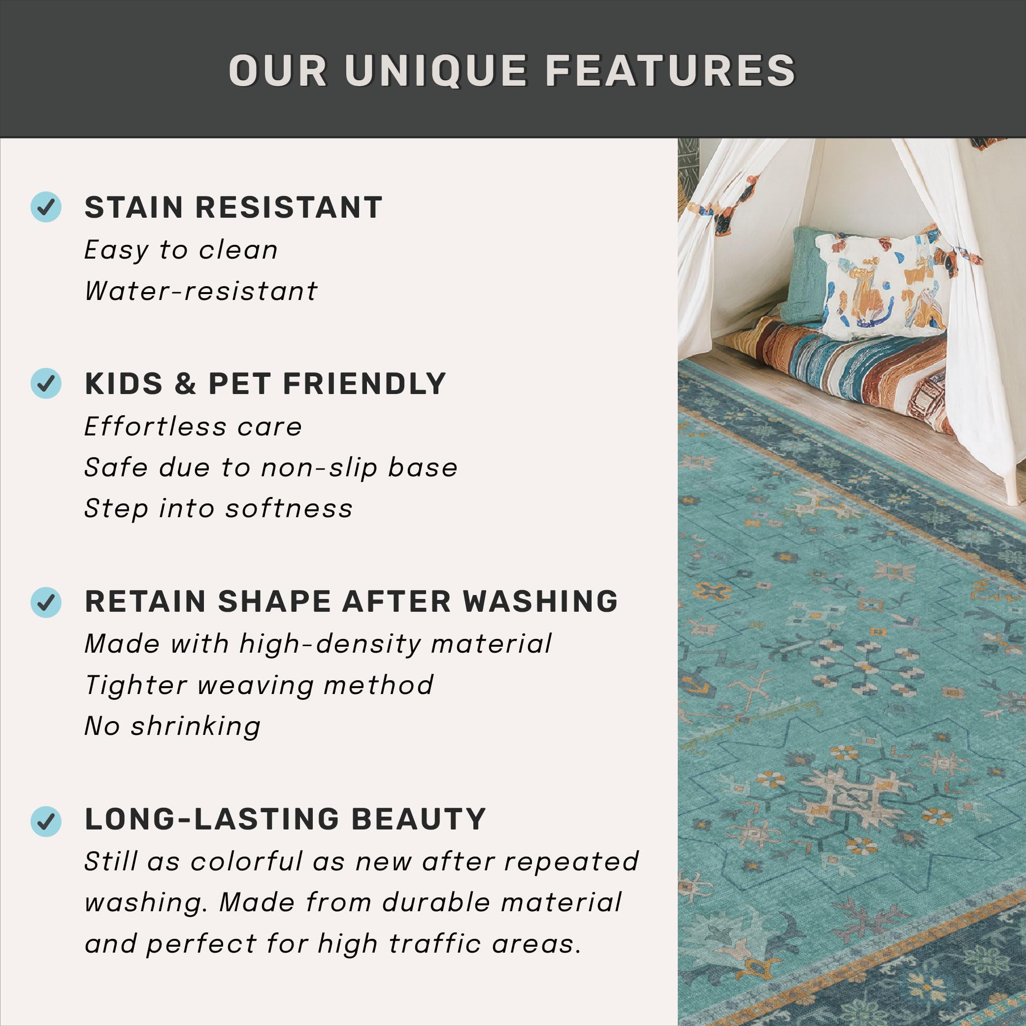 2x3 Washable Teal Rug for Entryway Indoor, Kitchen Floor Waterproof, Bathroom, Powder Room, Non Slip Low Pile Stain & Fade Resistant, Modern Turquoise Aqua Décor