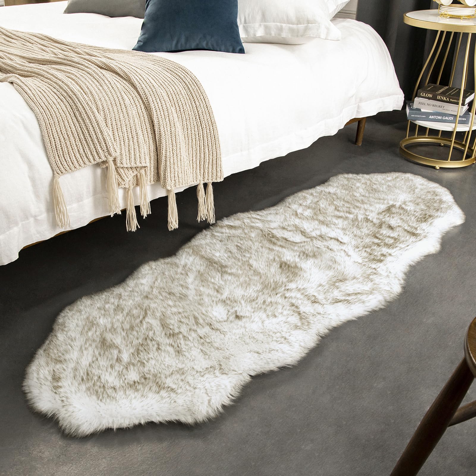 Ashler Home Deco Ultra Soft Faux Fox Fur Rug White Brown Fluffy Area Rug, Carpets Fluffy Rug Chair for Bedroom Floor Sofa Living Room 2 x 6 Feet
