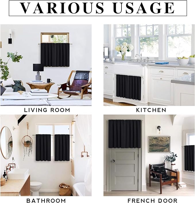 RYB HOME Cafe Blackout Curtains 24 inch Length, RV Curtains for Camper Windows, Mini Short Small Insulating Light UV Heat Blocking Privacy Half Window Tiers, Width 29 by Length 24, Black, 2 Panels