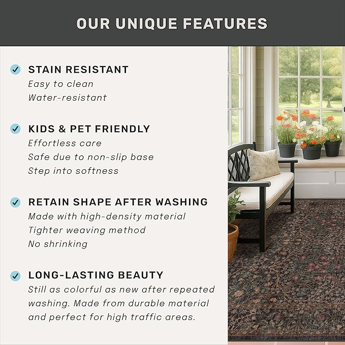 Vintage Washable Dark Brown Rugs for Living Room, 8x10 Area Rugs for Dining Room Under Table, Bedroom, Black Brown Deep Olive Taupe Espresso Accent Floral Carpet Non-Slip, Low Pile Stain Resistant