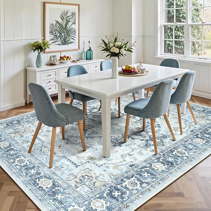 Lofus 9x12 Area Rugs for Living Room, Machine Washable Non-Slip Area Rug, Low Pile Large Rugs for Bedroom, Kitchen, Dining Room, Home Office, Vintage Oriental Print Rug, Blue Gold