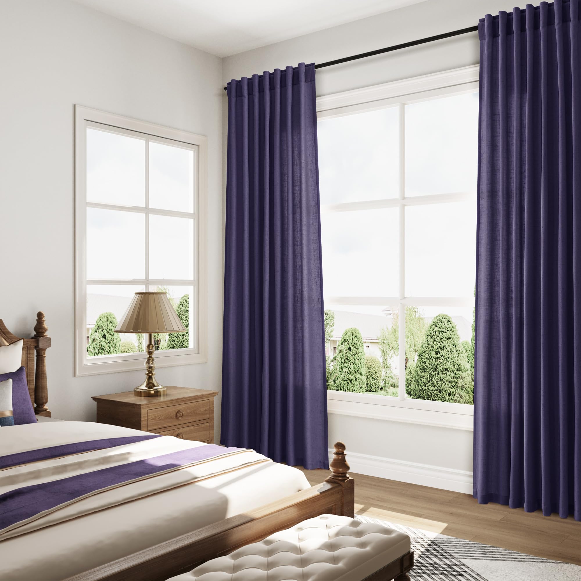 Nanspring Purple Linen Blend Light Filtering Back Tab Curtains 108 Inches Long, Semi Sheer Privacy Drapes for Living Room & Bedroom, 52x108 inch, 2 Panels