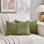 Fancy Homi 2 Packs Moss Green Lumbar Decorative Throw Pillow Covers 20x28 Inch for Living Room Couch Bed, Rustic Farmhouse Boho Home Decor, Soft Striped Corduroy Rectangle Accent Cushion Case 50x70 cm