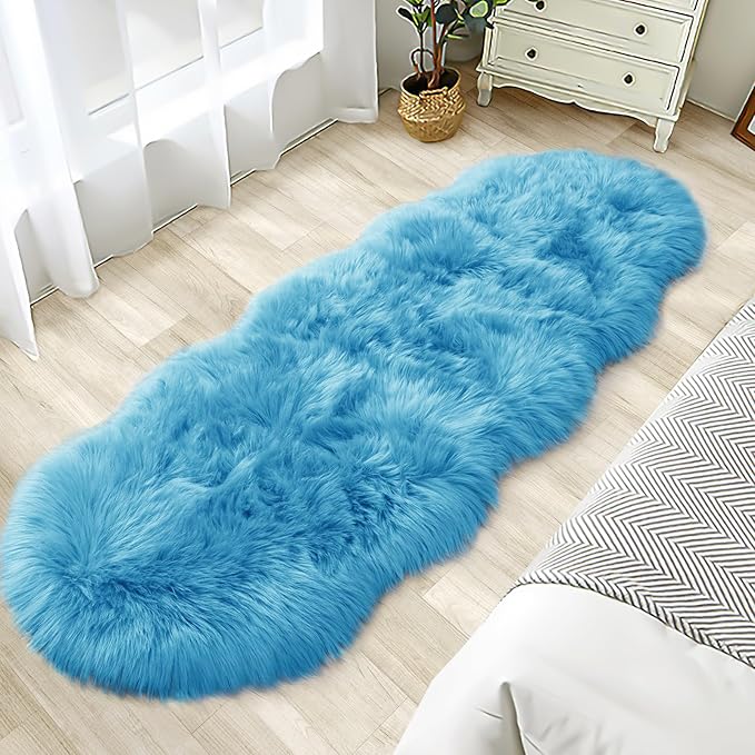 Tangsoo 2x6 Sky Blue Faux Fur Rug,Soft Sheepskin Runner Rug for Bedroom