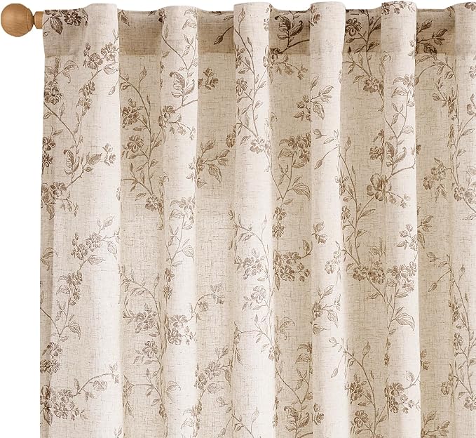 Lazzzy Taupe Vintage Floral Linen Curtains Farmhouse 50W X 84L 2 Panels
