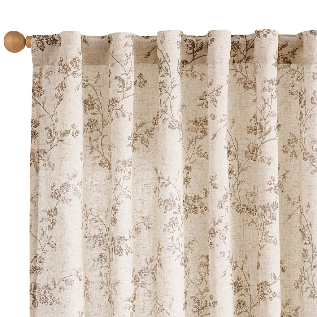 "Lazzzy Farmhouse Polyester blended Curtains Taupe Floral Curtains 96 Inch Length Back Tab Drapes for Living Room Bedroom Light Filtering Country Vintage Rod Pocket Curtain, 2 Panels, Taupe on Beige